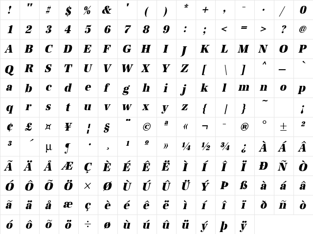 URWAntiquaTExtBolExtNar Oblique  glyph index