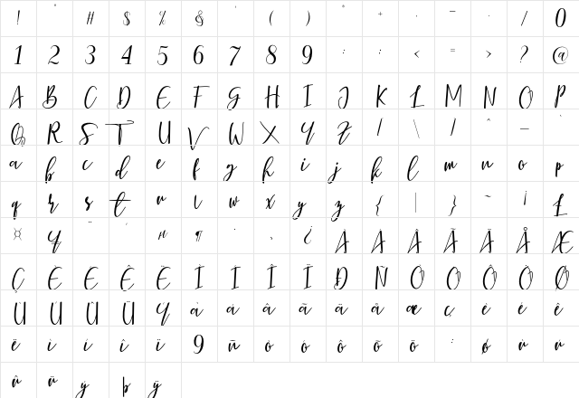 Berhilda Script Regular  glyph index