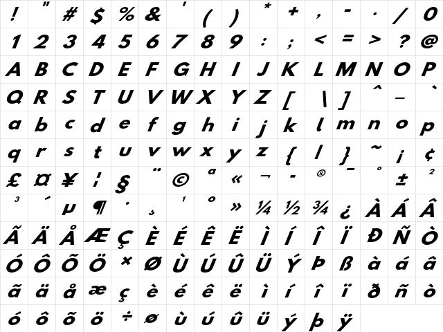 Hussar BdWideOblFour  glyph index