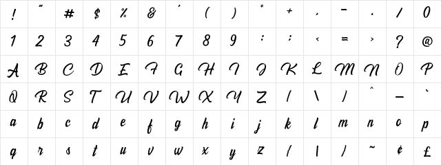 BillyanaPersonalUseOnly Regular  glyph index