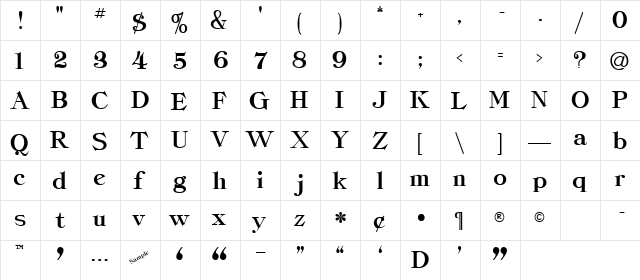 ClassicaHeavy Regular  glyph index