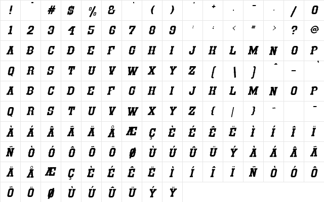 Glamour Wave Italic  glyph index
