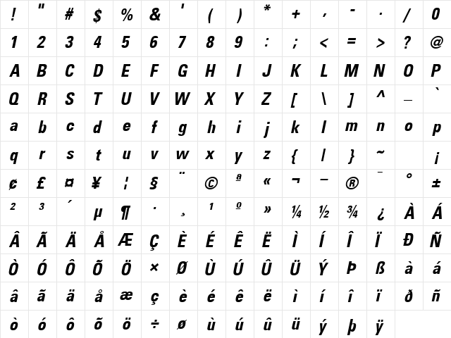 NovaCondSSK BoldItalic  glyph index