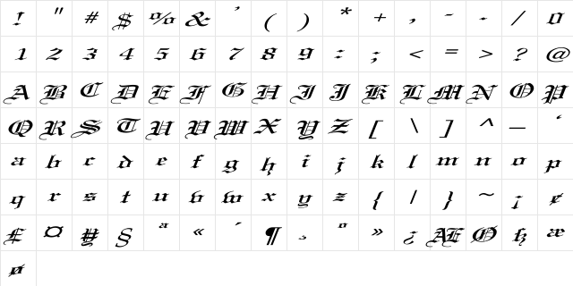 Old English Ex Italic Italic  glyph index