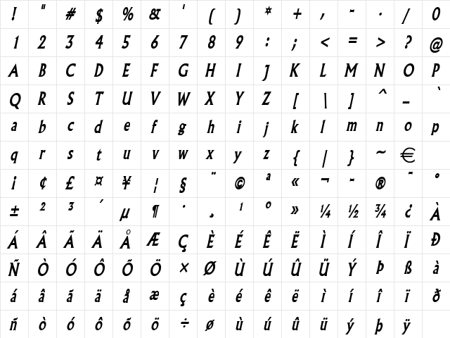 FlairThin BoldItalic  glyph index