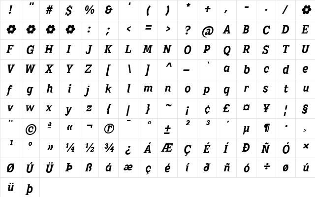 Sextan Bold Italic  glyph index