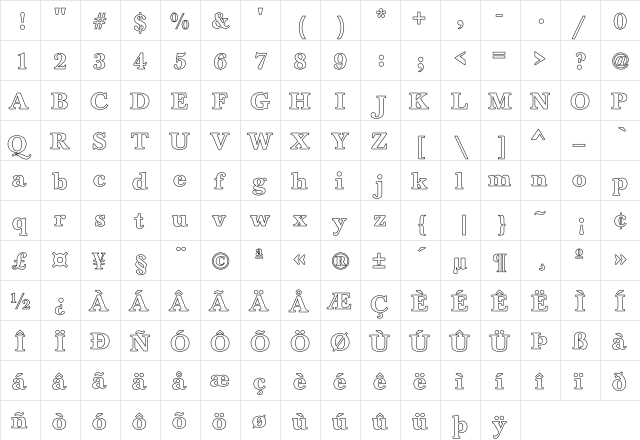 NewBaskerville-Bold Hollow Regular  glyph index