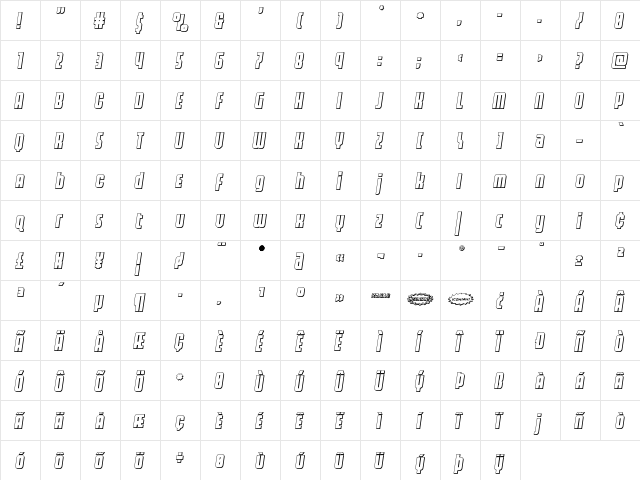 Homelander 3D Semi-Italic Regular  glyph index