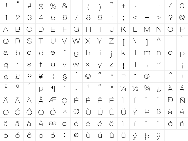 Helvetica Neue LT Com 33 Thin Extended  glyph index