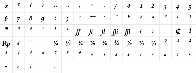 Bembo Bold Italic Expert  glyph index
