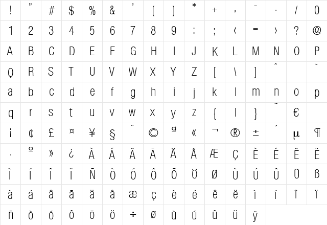 Olympia-XlightCond Regular  glyph index