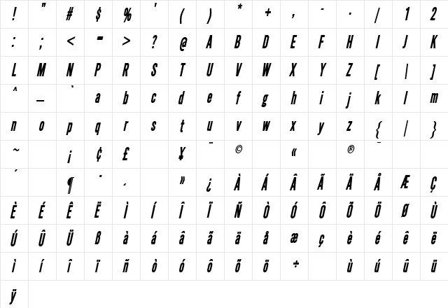 SimpleTypeCondensed BoldItalic  glyph index