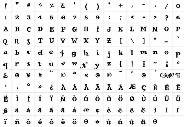 Buckethead Regular  glyph index