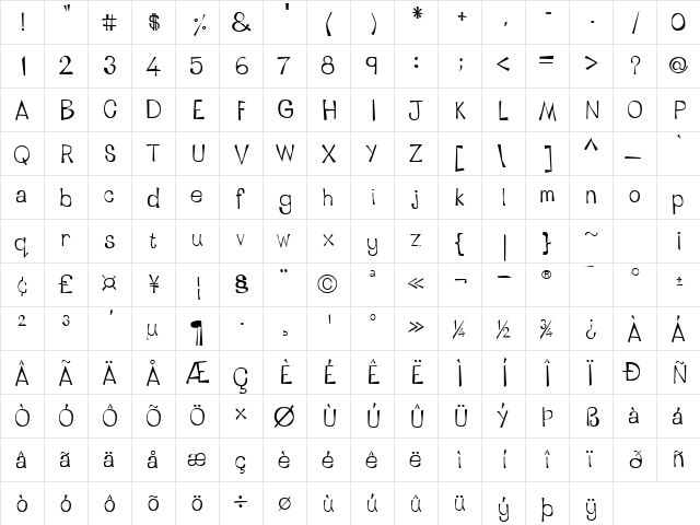 LTTapeside Regular Regular  glyph index