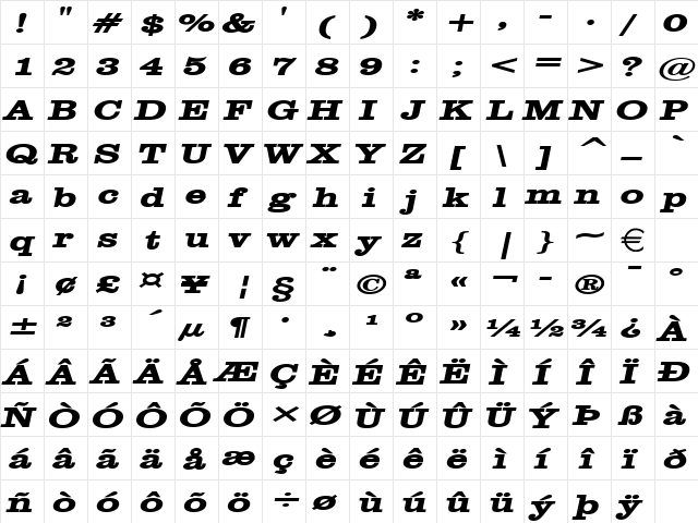 ClareExtended BoldItalic  glyph index