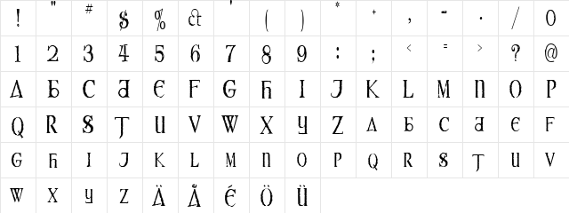 Irzuley Regular  glyph index