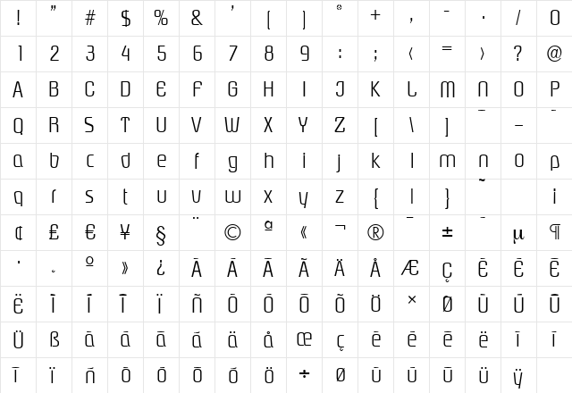 PasadenaSerial-Light Regular  glyph index