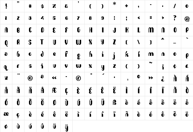 Absolution Regular  glyph index
