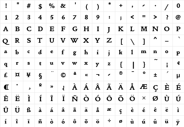 GoldenTypeBlackITC Medium  glyph index