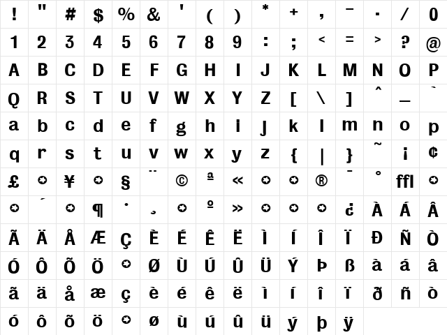 BureauGrotesque-FiveFive Regular  glyph index