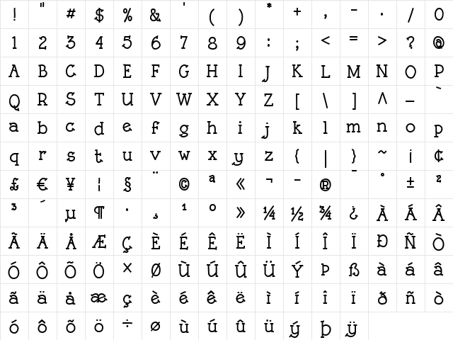 Rough LT Bold  glyph index