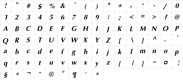 AGOpusHRC Bold Italic  glyph index