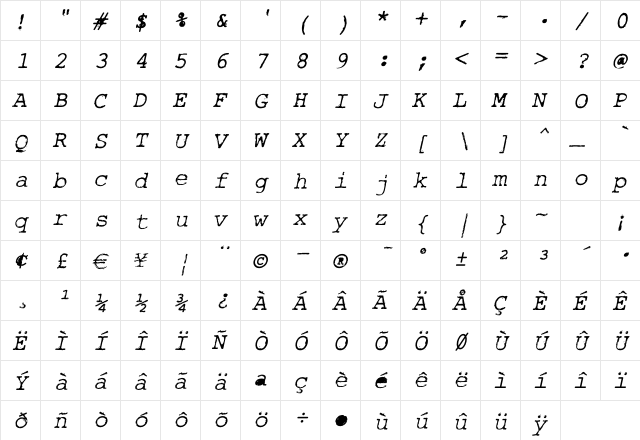 Rough_Typewriter Italic  glyph index