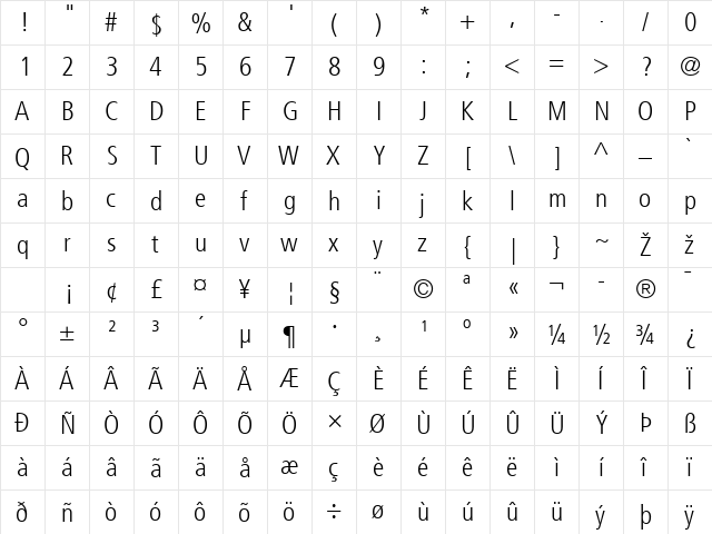 Frutiger LT 47 LightCn Regular  glyph index