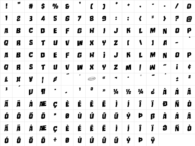 Mister Twisted Rotalic Italic  glyph index