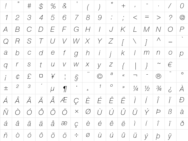 Helvetica Neue LT Pro 36 Thin Italic  glyph index