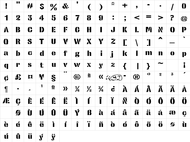 StencilSans Extrabold Regular  glyph index
