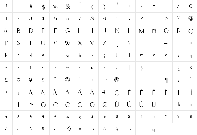 ParisianT Regular  glyph index