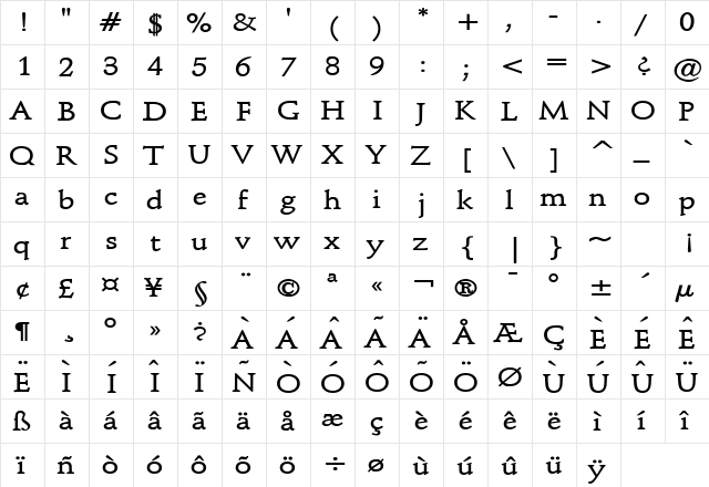 Schroeder Wide Bold  glyph index