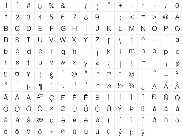 Helvetica LT Std Light  glyph index
