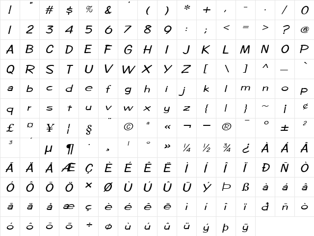 Copybook-Extended Italic  glyph index