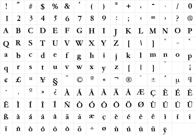 Garamond-Serial-Medium Regular  glyph index