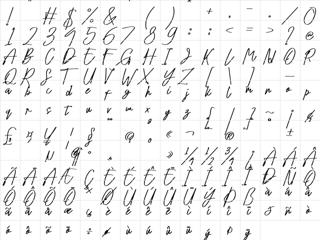 Oyange Regular  glyph index