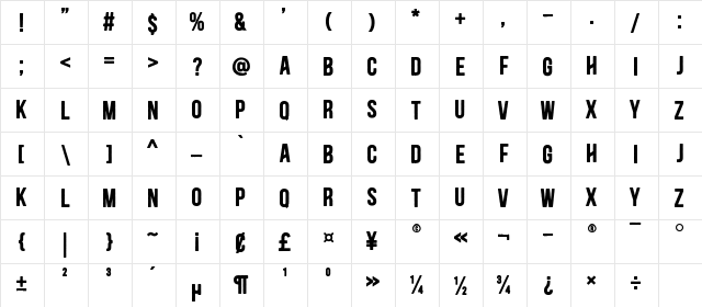 Blackside Bold  glyph index