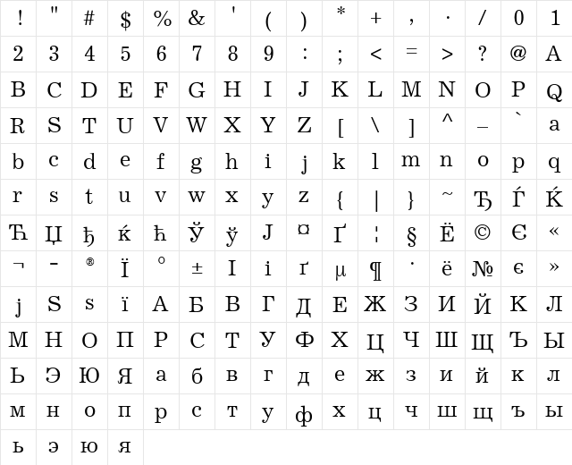 ExcelsiorCyr Upright Regular  glyph index