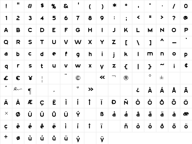 20th Century Font Regular  glyph index