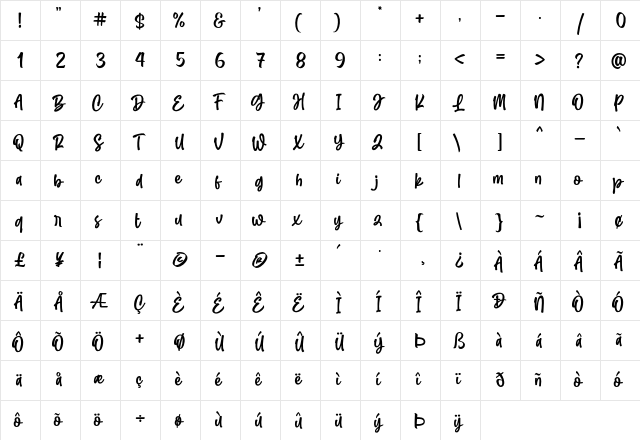 Outbreak Regular  glyph index