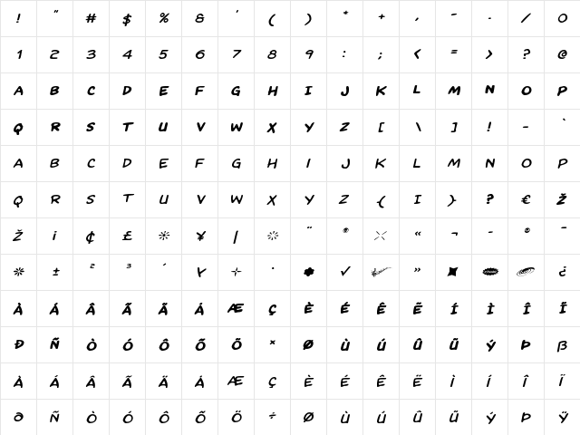 Kangaroo Court Expanded Italic Expanded Italic  glyph index