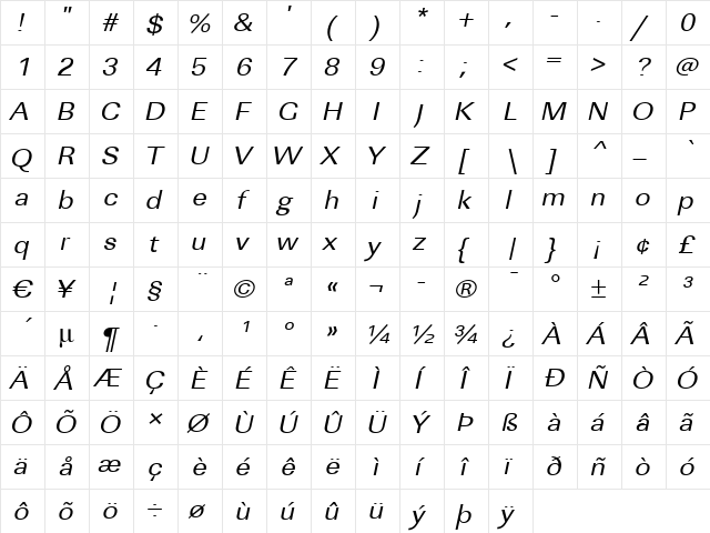 JeffBeckerExtended Italic  glyph index