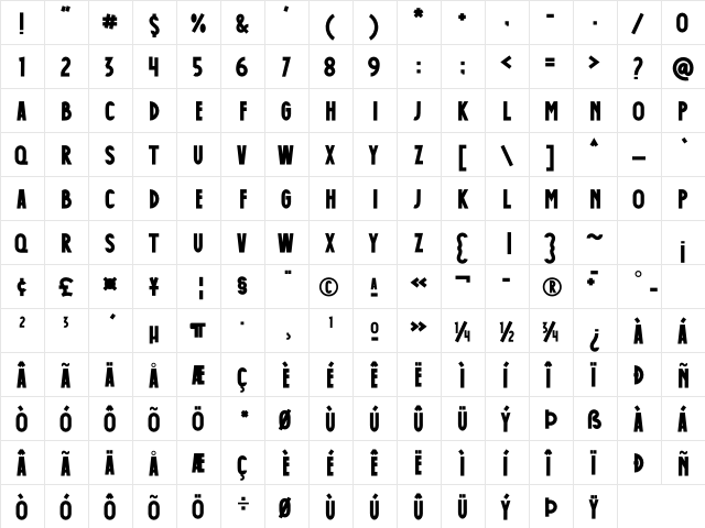 Caffe Bold Regular  glyph index