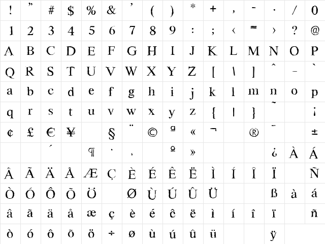 RiccioneAntique Regular  glyph index