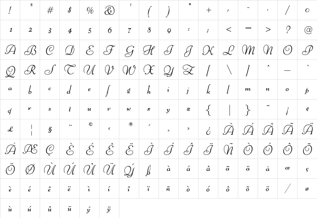 BernardOptiLightCursive Regular  glyph index