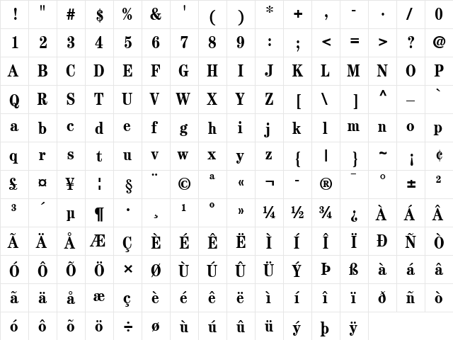 ITCCentury LT BookCond Bold  glyph index