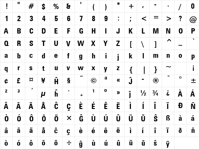 Zurich Eo Bold  glyph index