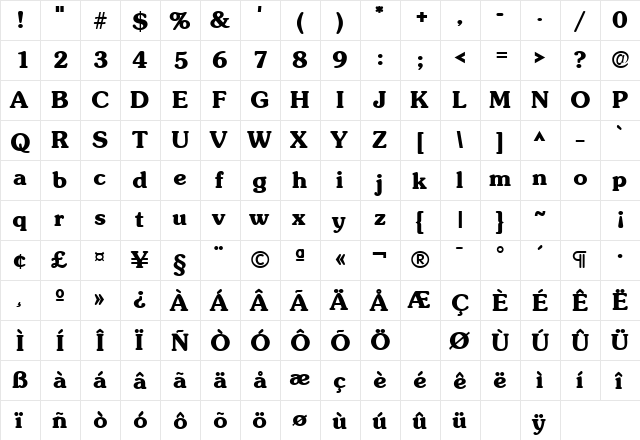 SunsetLH Bold  glyph index