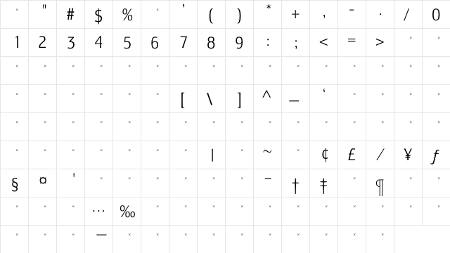 LesmoreLightCondensedTab Regular  glyph index